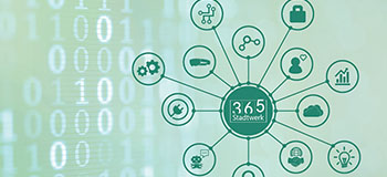 Grafik, die einen zentralen Kreis mit der Bezeichnung â€ž365 Stadtwerkâ€œ zeigt, der mit mehreren Symbolen verbunden ist, die verschiedene Dienste und Funktionen darstellen, vor einem Hintergrund aus BinÃ¤rcode.