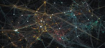 Abstrakte Netzwerkvisualisierung mit miteinander verbundenen Knoten und Linien in verschiedenen Farben, darunter Gelb, Blau und WeiÃŸ, auf dunklem Hintergrund.