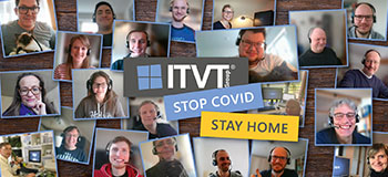 Collage von Menschen in Homeoffice-Umgebungen mit dem ITVT-Logo in der Mitte und den Texten â€žSTOP COVIDâ€œ und â€žSTAY HOMEâ€œ.