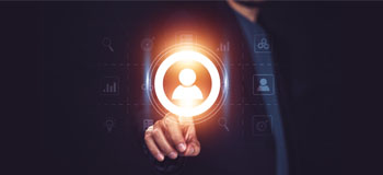 Eine Person, die ein leuchtendes Benutzer-Symbol auf einem virtuellen Bildschirm berÃ¼hrt, das die BenutzeroberflÃ¤che oder die digitale IdentitÃ¤t symbolisiert.