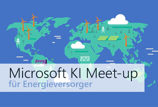 Illustrierte Weltkarte auf blauem Hintergrund mit Symbolen für Windkraftanlagen, Sonnenkollektoren und Energieinfrastruktur, die über die Kontinente verteilt sind. Der überlagerte Text lautet „Microsoft KI Meet-up für Energieversorger“ und weist auf eine Veranstaltung hin, die sich mit KI für Energieversorger befasst.