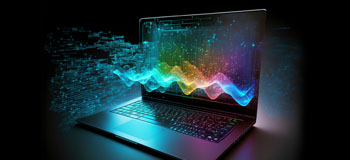 Ein stilisierter Laptop sendet farbenfrohe digitale Wellen von seinem Bildschirm aus, die den Datenfluss oder die digitale Transformation symbolisieren.