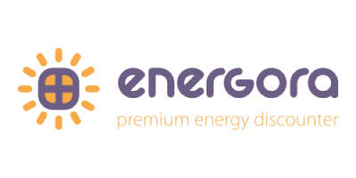 EnerGora-Logo mit einem stilisierten Sonnensymbol und dem Slogan â€žPremium Energy Discounterâ€ auf weiÃŸem Hintergrund mit grÃ¼nem Rand.