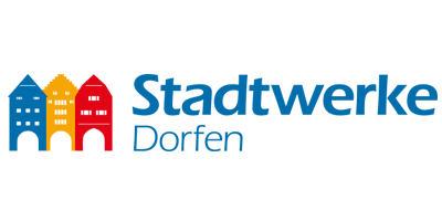 Logo der Stadtwerke Dorfen mit drei bunten Haussymbolen (blau, gelb und rot), gefolgt vom Firmennamen in blauer Schrift.