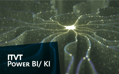 Banner fÃ¼r ITVT Power BI/KI mit einer leuchtenden Grafik im Stil eines neuronalen Netzwerks mit verbundenen Datenknoten.