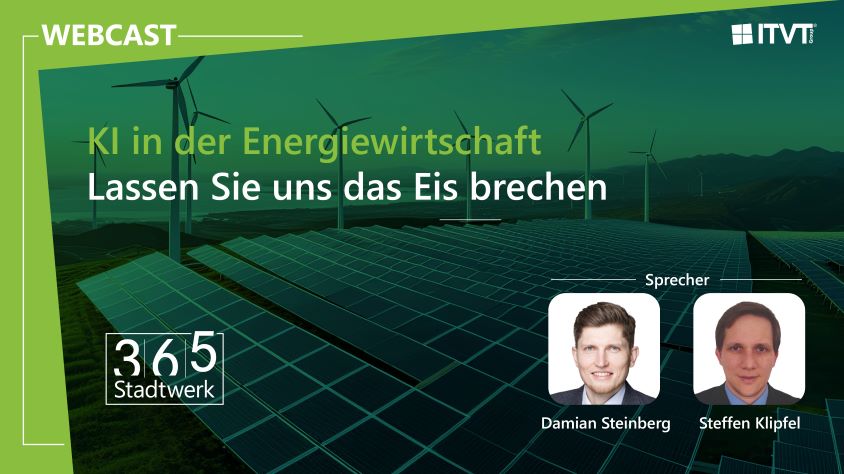 Solarpanels im Vordergrund, Windkraftanlagen im Hintergrund vor einem klaren, sonnigen Himmel