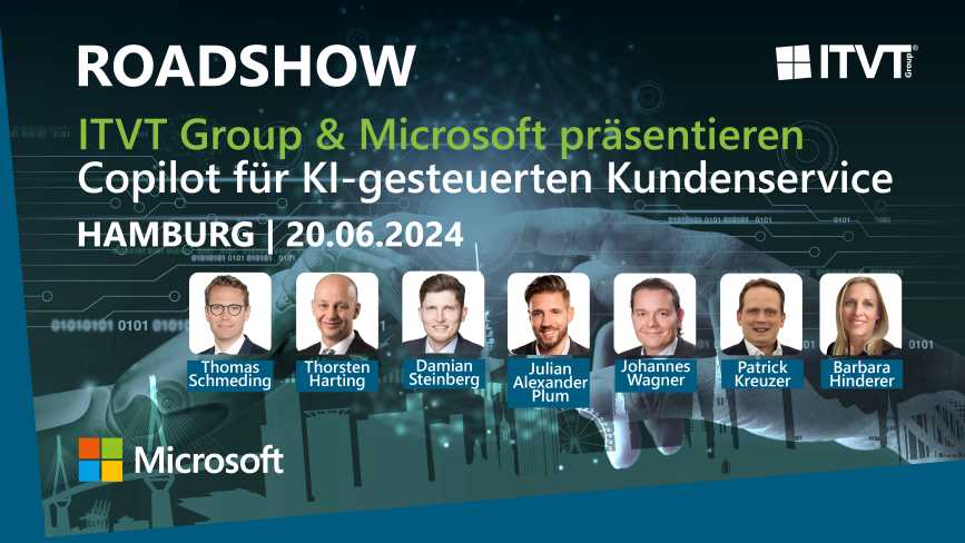 Banner fÃ¼r die Hamburg Roadshow am 20.06.2024 der ITVT Group und Microsoft, auf der Copilot fÃ¼r KI-gestÃ¼tzten Kundenservice vorgestellt wird.