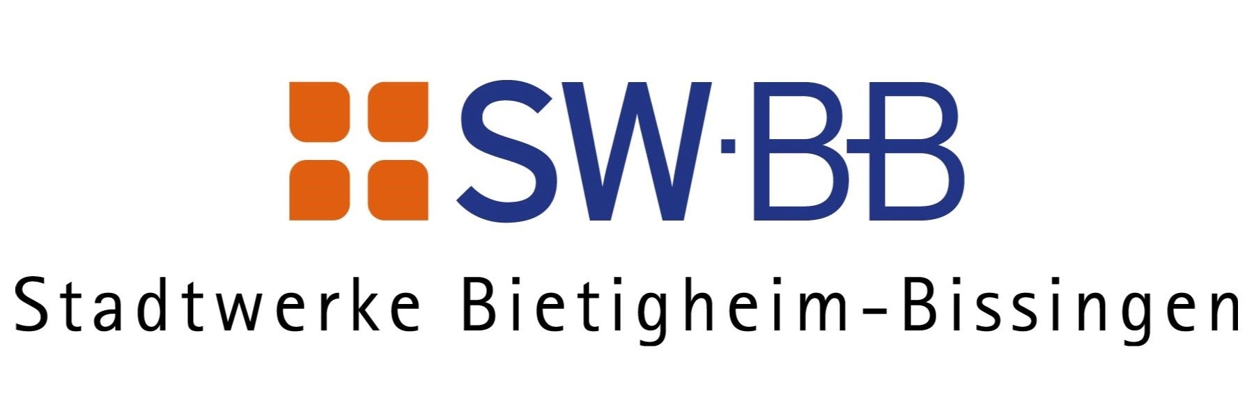 Logo der SWBB mit vier orangefarbenen Quadraten auf der linken Seite und den blauen Buchstaben â€žSWÂ·BBâ€ auf der rechten Seite, gefolgt vom Text â€žStadtwerke Bietigheim-Bissingenâ€ darunter.