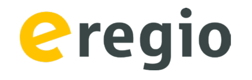 Logo von eregio mit einem gelben â€žeâ€œ und grauen Buchstaben