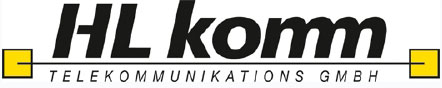 HL-Komm-Logo mit dem Schriftzug â€žTelekommunikations GmbHâ€ und gelben quadratischen Elementen auf jeder Seite.