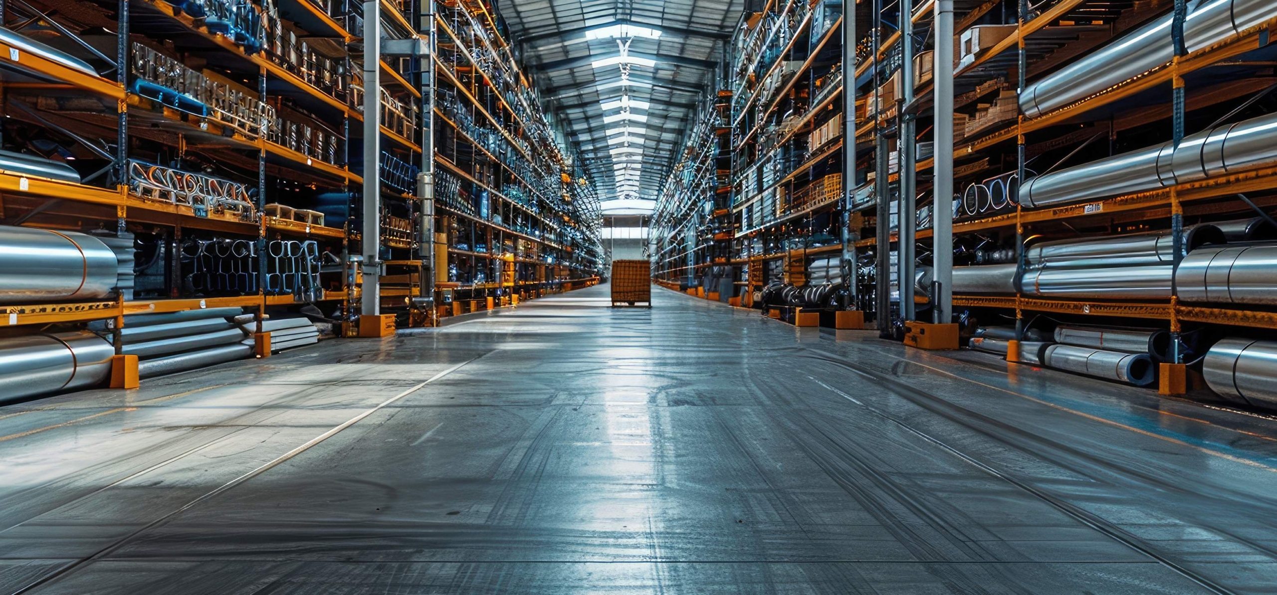 GroÃŸes Industrie-Lagerhaus mit hohen Regalen, die mit Metallrohren, Materialien und AusrÃ¼stung gefÃ¼llt sind.