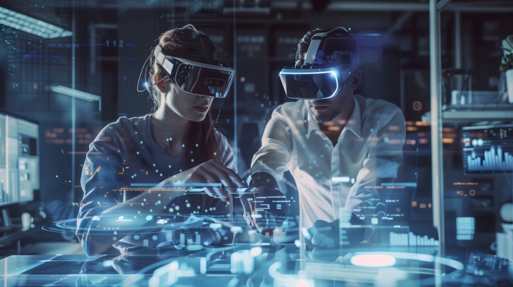 Zwei Personen mit VR-Headsets interagieren mit holografischen Daten in einem futuristischen, technologieorientierten Arbeitsbereich.