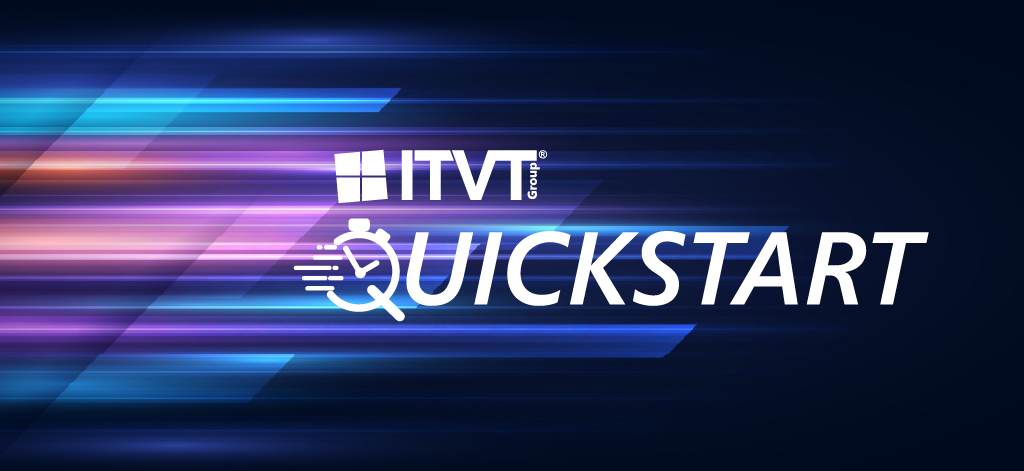 Ein Banner mit digitalem Motiv, auf dem dynamische Streifen aus blauen, violetten und rosa Lichtspuren vor einem dunklen Hintergrund zu sehen sind. Der Text â€žITVT Group QUICKSTARTâ€ ist deutlich zu lesen, wobei das â€žQâ€ als Stoppuhr stilisiert ist und fÃ¼r Geschwindigkeit und Effizienz steht.