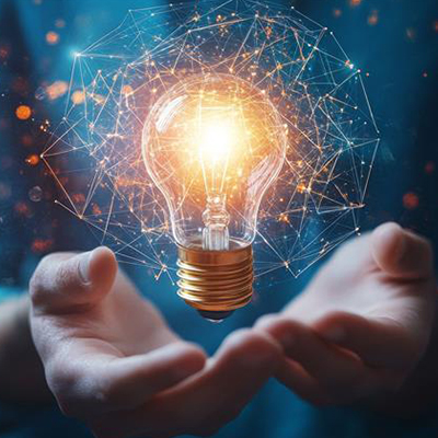 ITVT-Motiv mit einer leuchtenden GlÃ¼hbirne, die Ã¼ber offenen HÃ¤nden schwebt, umgeben von digitalen Netzwerklinien und Knotenpunkten, als Symbol fÃ¼r Innovation und brillante Ideen.