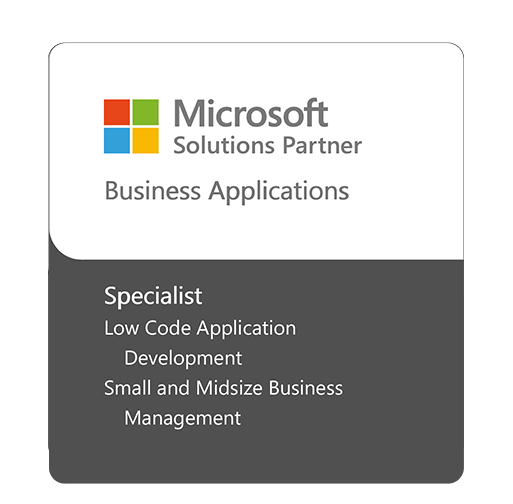 ITVT Microsoft Solutions Partner-Auszeichnung fÃ¼r GeschÃ¤ftsanwendungen mit Spezialisierungen in den Bereichen Low-Code-Anwendungsentwicklung und Management kleiner und mittlerer Unternehmen.